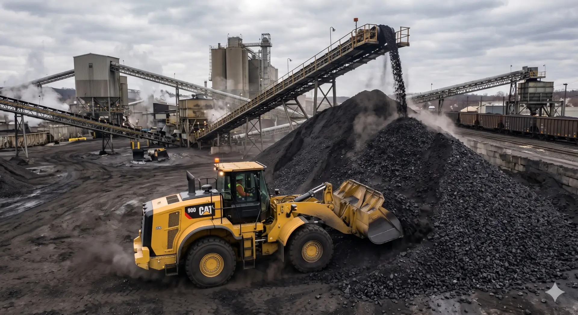 Industrial wheel loader handling petroleum coke at a terminal stockpile.