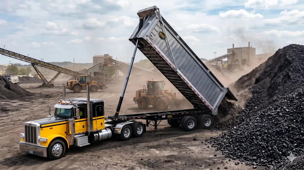 Haul truck delivering petroleum coke at industrial customer stockpile.