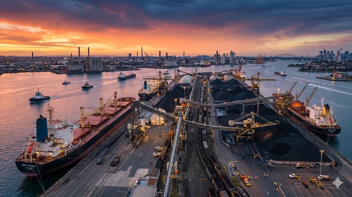 Bulk carrier loading petroleum coke at export terminal.